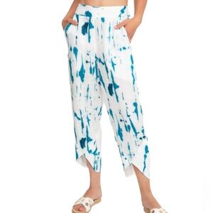 Ozai N Ku Island Linen White, Turquoise TieDye Coastal Tulip Pant Women’s Size S